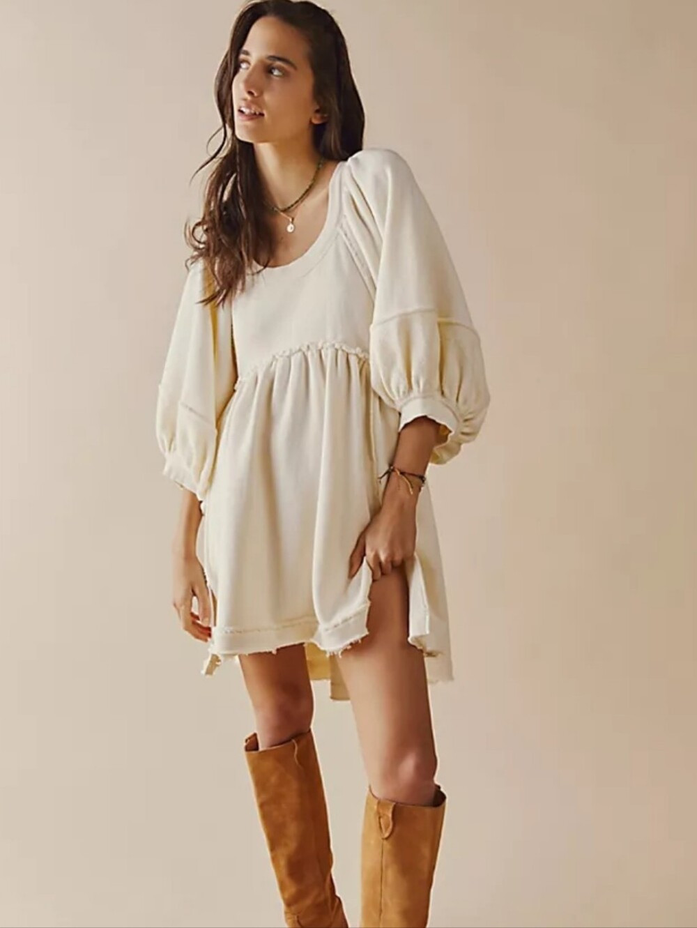 Size Small Festival Chic Boho Cream Babydoll Mini Dress Tunic Sweatshirt Dress